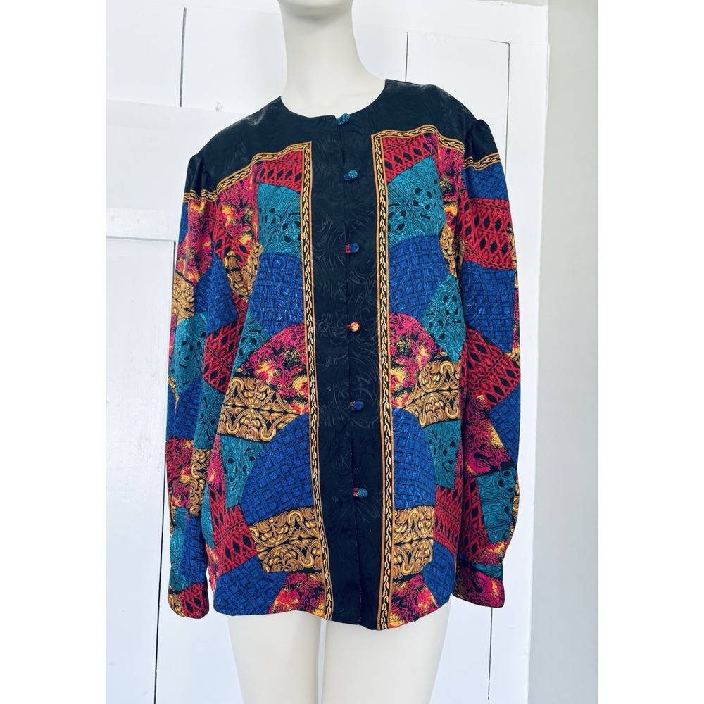Laura & Jayne Collection Funky Retro Print Silky Colorful Top Blouse Womens 14